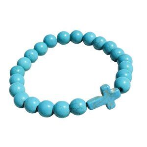 Natural Stone Bracelet Beaded Cross Aqua Aquamarine Ocean Water Blue Calming